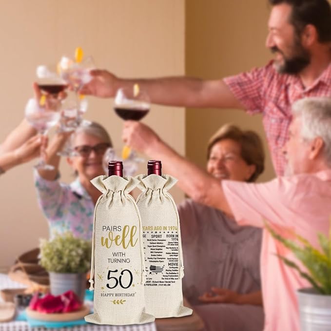 50th Birthday Gifts for Women Men, 50 Years Old Birthday Wine Bag Gifts, 50th Birthday Decorations, 1974 Birthday Gift, Happy 50th Birthday Party Wine Bag Gifts, Pairs Well With Turning 50