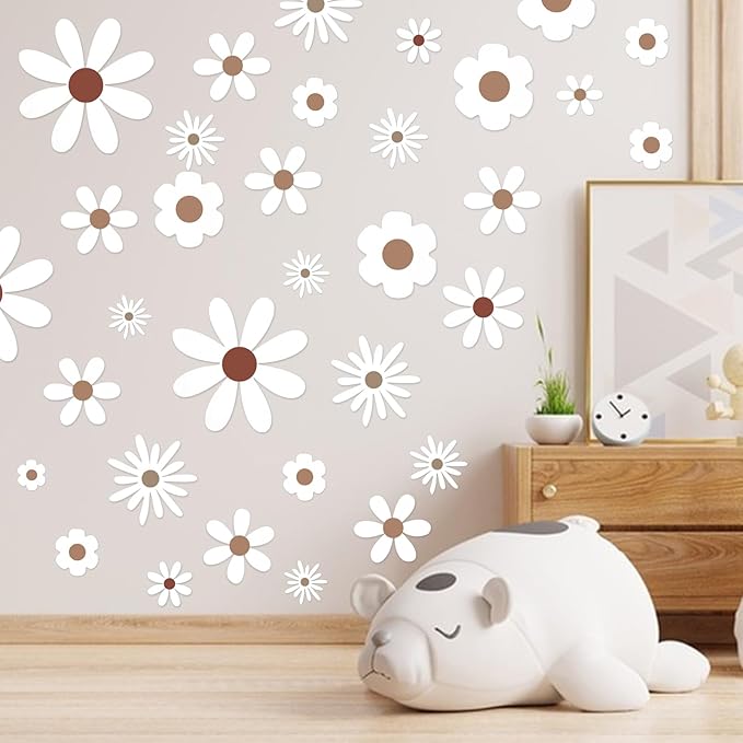 Daisy Wall Decals Flower Wall Stickers, Big Daisy Stickers Floral Decor Peel and Stick for Girls Kids Bedroom Nursery Playroom Living Room (White)