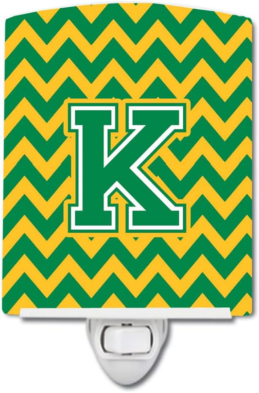 Caroline's Treasures CJ1059-KCNL Letter K Chevron Green and Gold Ceramic Night Light Compact, UL-Certified, Ideal for Bedroom, Bathroom, Nursery, Hallway, Kitchen, 6x4x3, Multicolor