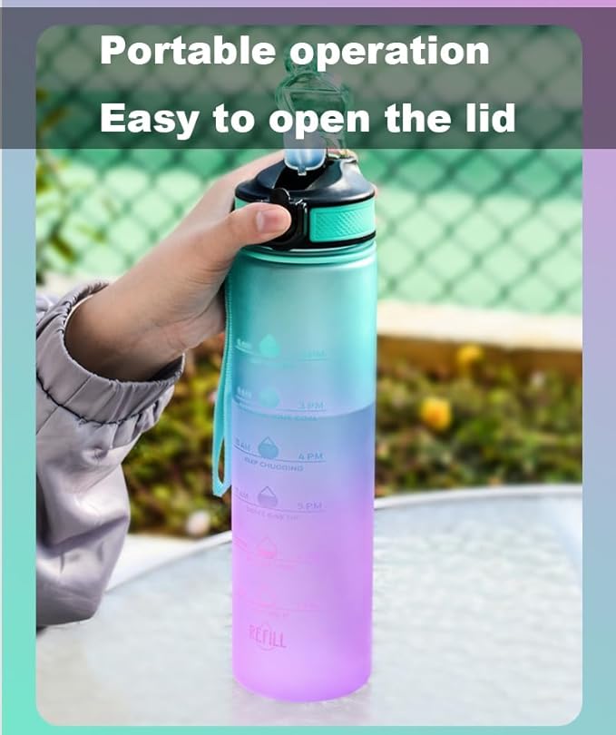 Water Bottles, 32oz Motivational Sports Water Bottle with Time Marker - Times to Drink Fast Flow Technology with Clean Brush PC Material, BPA Free, Wide Mouth Leakproof