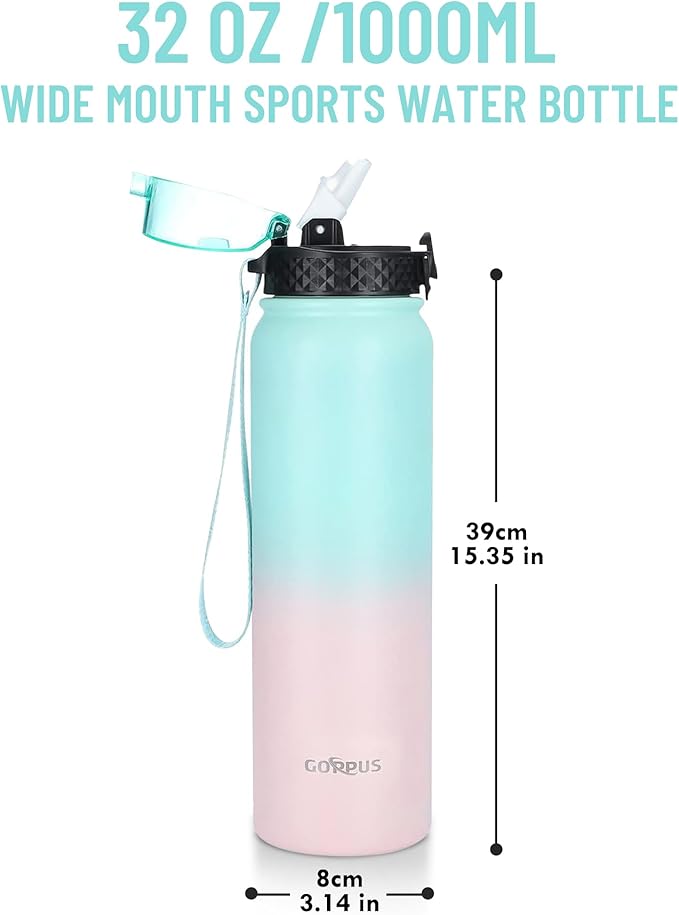 GOPPUS 32 oz Sports Water Bottle 1 Liter Double Wall Insulated Stainless Steel Water Bottles with Straw Lid Reusable Leak proof Metal water bottles with Strap Handle(Green Pink 1 lid)