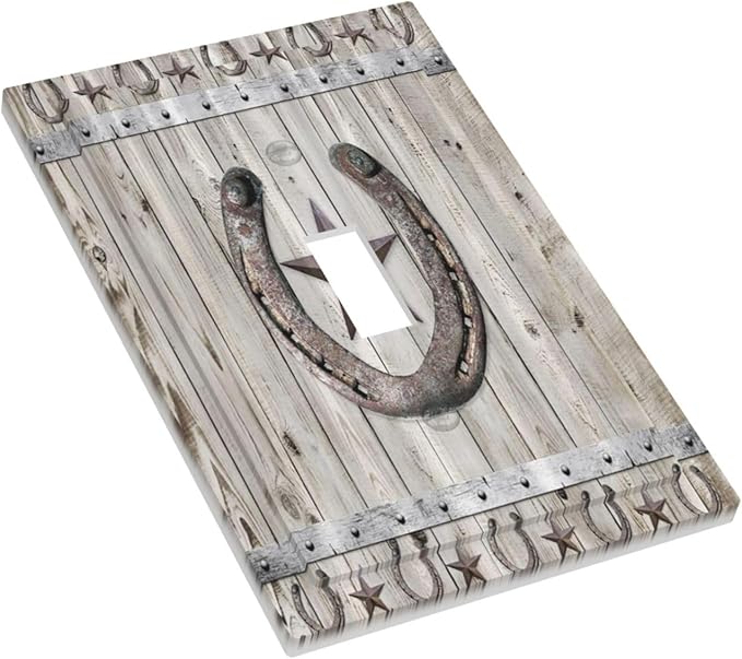 Rustic Western Wood Barn Door Horseshoe Iron Star 1 Gang Light Switch Covers Single Toggle Wall Plate Decorative Switchcover Electrical Switchplate for Farmhouse Country Bedroom Decor