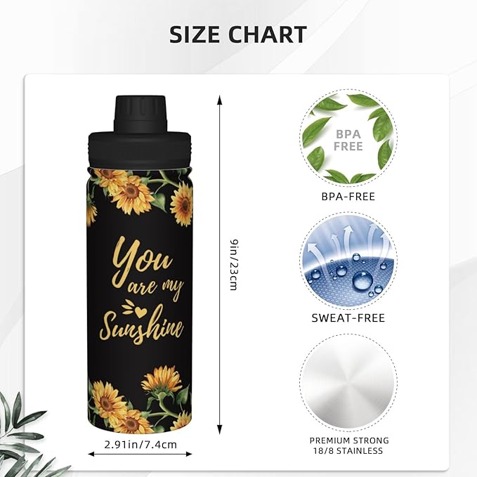 Cerburny Insulated Water Bottle You Are My Sunshine 18 oz Stainless Steel Bottles With Lid Leak Proof Gym Sport Water Jug For Women Friends