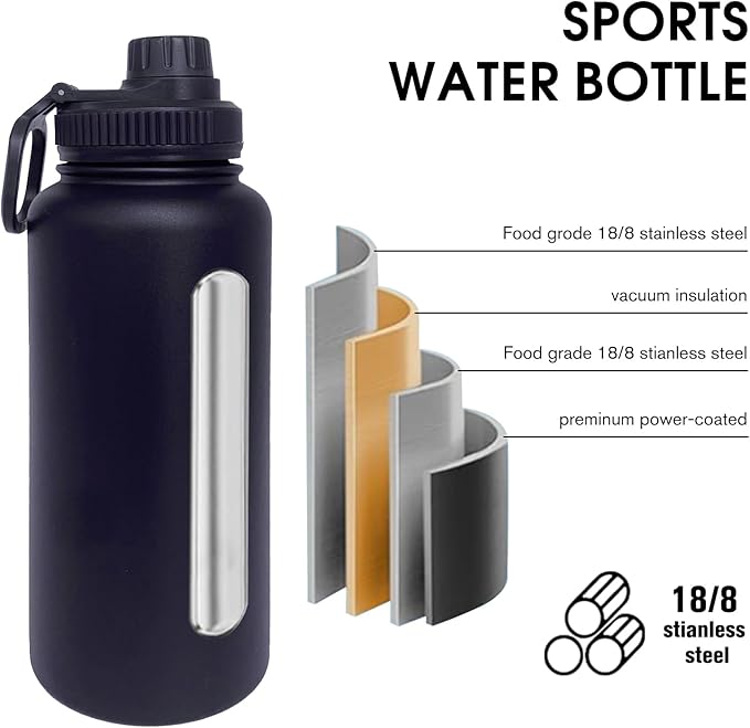 32oz Insulated Water Bottle ，Stainless Steel Sports Water Cup Flask with 2 Lids, Wide Mouth Travel Thermal Mug,Outdoor Sports Bottle（Blue Black）