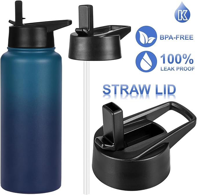 Water Bottle Insulated 32oz Straw Lid, Leak Proof, Vacuum Insulated,Stainless Steel Water Bottle Wide Mouth for Sports, Gym, BPA-Free Keep Cold 24H Hot 12H (NAVY GREEN)