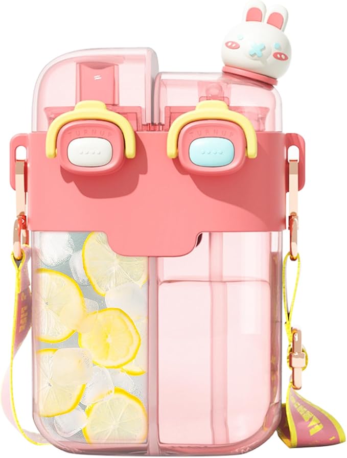 Cute Water Bottle for Kids: 26oz Kawaii Water Bottle for Girls, Funny Bear Water Bottles with Straw and Strap, Dual Compartments Leak-proof Plastic Drinking Cup for School Sport Travel (Pink)