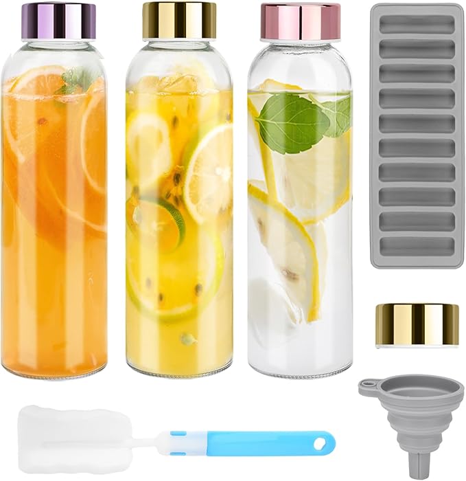 Glass Juice Bottles with Lids for Juicing 18 oz, Reusable Clear Glass Water Bottles with Stainless Steel Airtight Cap for Refrigerator, 100% Leak Proof, BPA Free, Set of 3，RGP