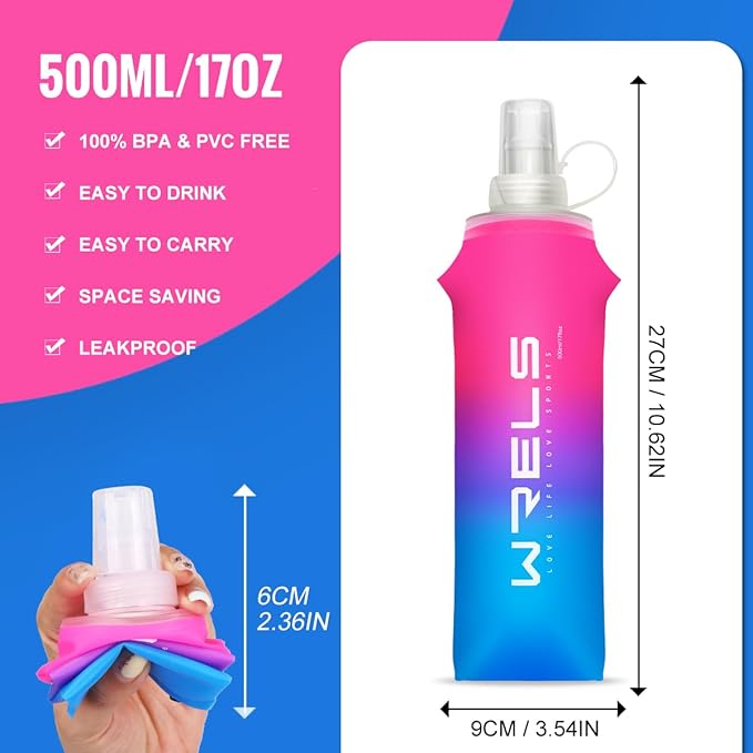 Collapsible TPU Soft Flask,Reusable Handheld Soft Water Bottle for Hydration Pack,BPA Free Gradient Folding Water Flask for Running Cycling Climbing (Rose Red&Dark Blue-500ml*2)