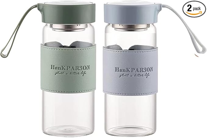 Glass Water Bottles 16 Oz Borosilicate water bottle-with sealing cap and Holsters and filters - BPA free,Men and Women Portable Glass Bottle (Blue+Green)