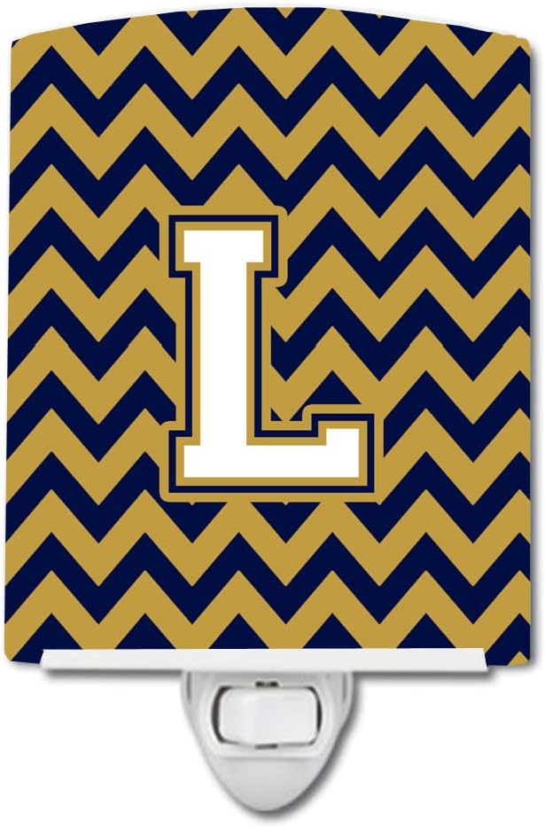 Caroline's Treasures CJ1057-LCNL Letter L Chevron Navy Blue and Gold Ceramic Night Light Compact, UL-Certified, Ideal for Bedroom, Bathroom, Nursery, Hallway, Kitchen, 6x4x3, Multicolor