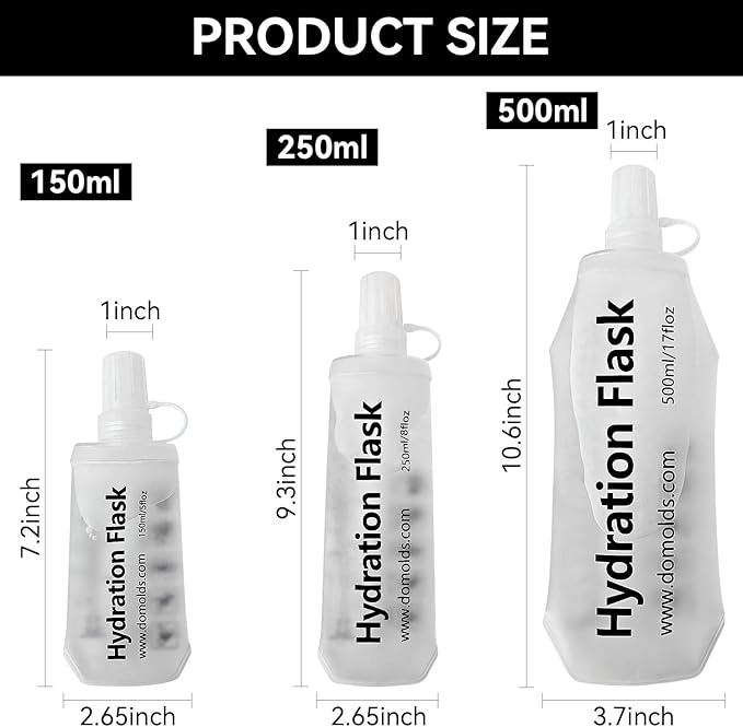 Premium Collapsible Water Bottle-250ml (8.8oz), Portable Soft Flask Water Bottle for Hydration Pack/Running Vest- Folding Water Bottle for Running, Hiking, Cycling (White 250ml)
