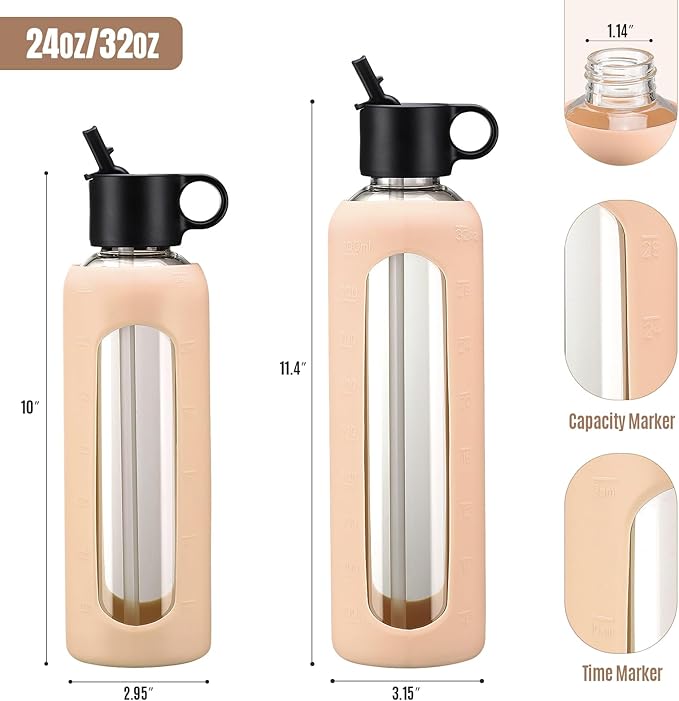 32oz Glass Water Bottle With 2 Lids-Flip Straw Lid, Bamboo Lid, Glass Water Bottle With Silicone Sleeve, Motivational Time Marker, Glass Juice Bottle for Cold Drink,Amber