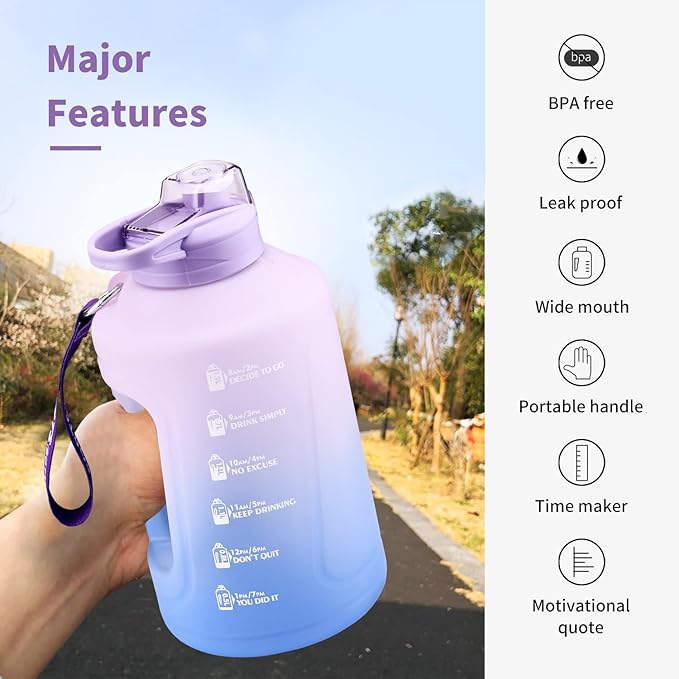 Water Bottle with Time Marker, 78OZ/Half Gallon Leak-proof Water Jug, Large Portable Water Bottles with Handle, BPA Free Fitness Water Jug for Gym, Outdoor, Sport (Purple)