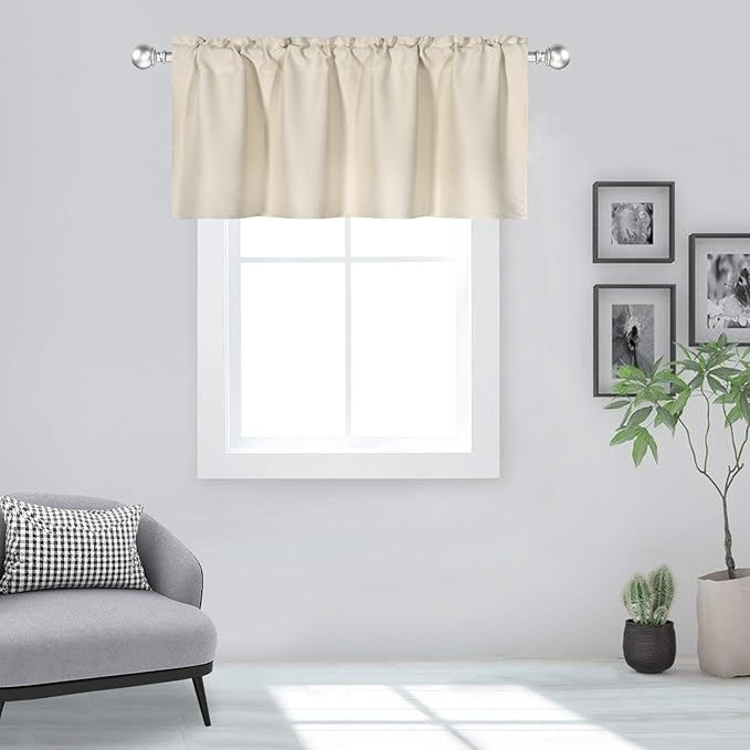 Beige Valance for Windows 42x18 Inch Solid Thermal Insulated Blackout Rod Pocket Kitchen Short Curtain Toppers Valance for Bathroom Living Room 1 Panel