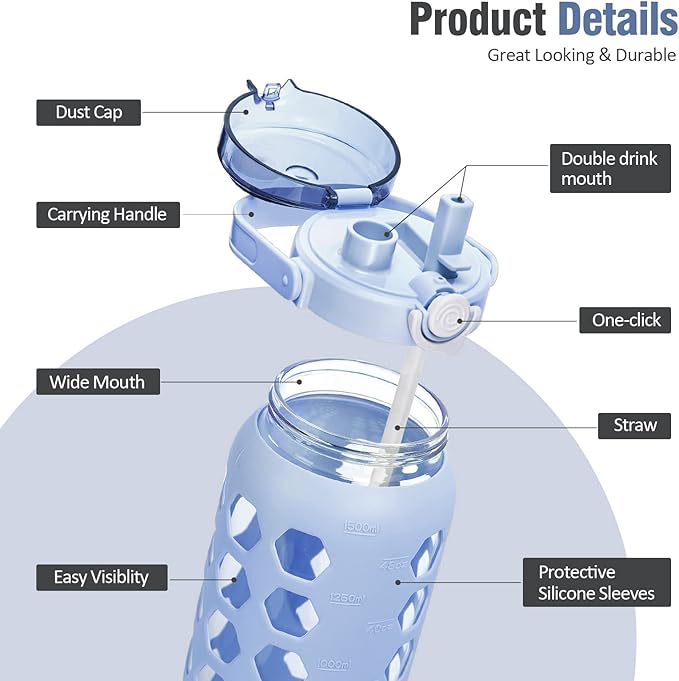 MUKOKO 56oz Glass Water Bottles with Straw and Lid,Motivational Water Jug with Time Marker Reminder and Silicone Sleeve,100% Leakproof BPA Free Fitness Sports Large Bottle-Light Blue