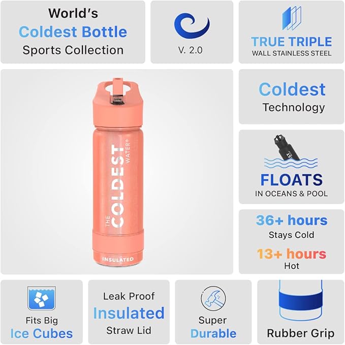 Coldest Sports Water Bottle - Straw Lid Bottle with Handle Leak Proof, Vacuum Insulated Stainless Steel, Double Walled, Thermo Mug, Metal | Pink Froze 18 oz