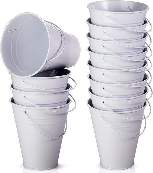 Sadnyy 12 Pack Metal Buckets with Handle, Galvanized Bucket 4.5 x 5 Inch Basket Bucket for Kids, Kids Party Supplies, Crafts for Christmas Halloween Christmas Candy Bars Vase Crafts(White)