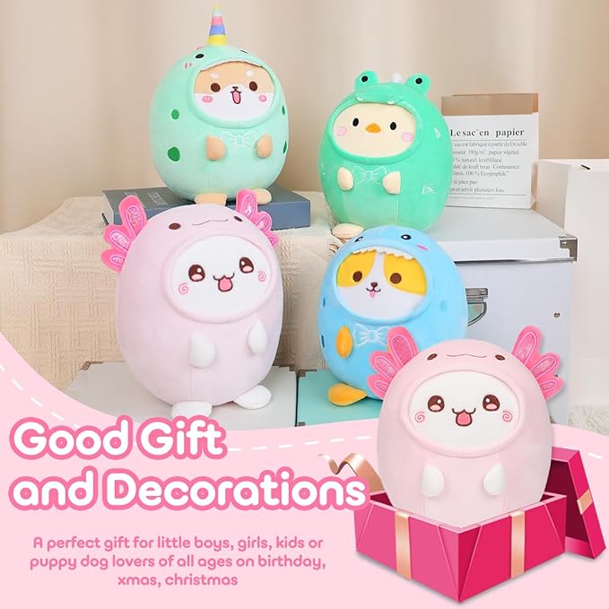 Cute Plush Axolotl Cat Stuffed Animal Pillow, 8" Soft Kawaii Kitten Plushie with Pink Axolotl Salamander Outfit Gift for Kids