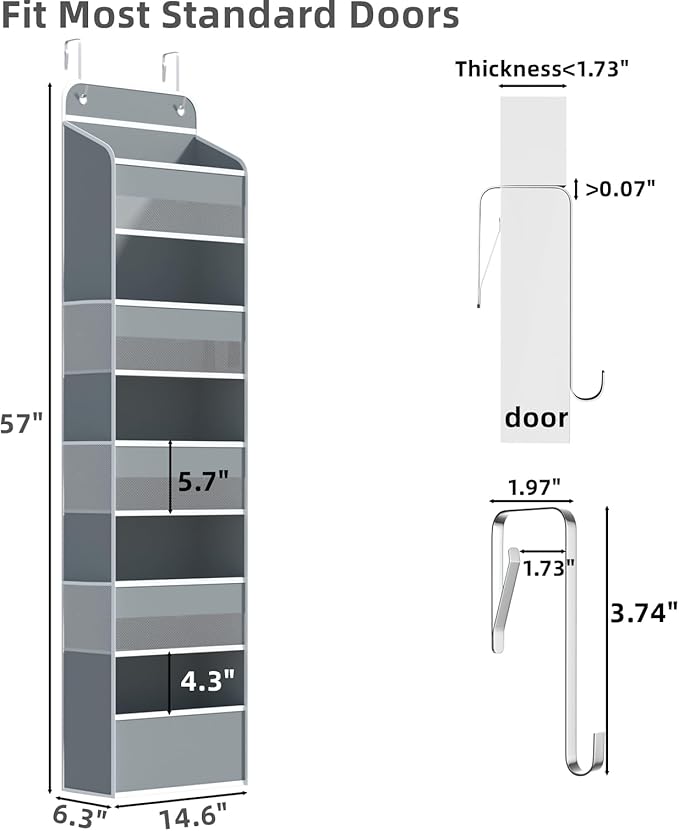 Over The Door Organizer, 5 Shelf Door Hanging Organizer with 6 Side Pockets, Anti Tilt 50lbs Weight Capacity Behind Door Storage for Bedroom, Bathroom, Pantry, Nursery, 1 Pack. (Grey)
