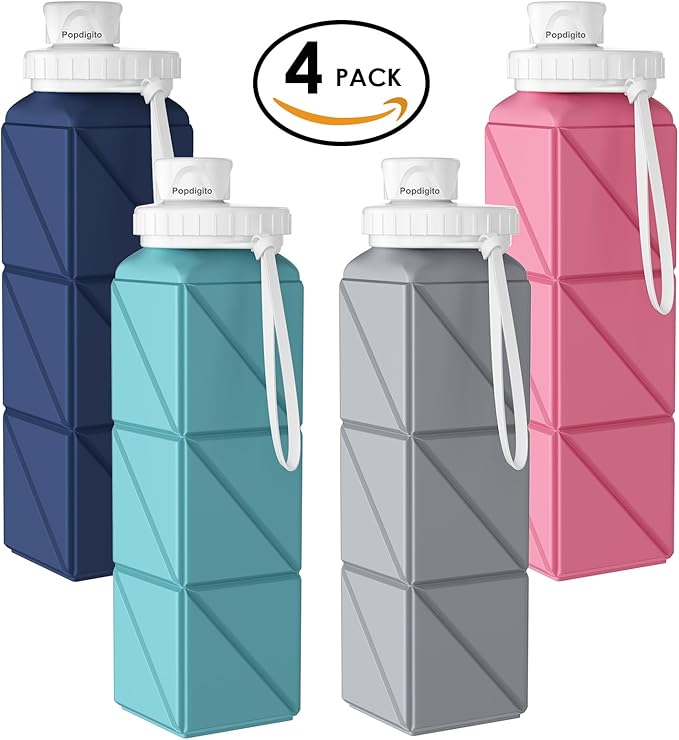 Collapsible Water Bottles 20.7oz Leakproof with Straw Lid Food-Grade BPA-Free Silicone Travel Foldable Water Bottles for Sports Office Gym Hiking Driving 610ML (Pink+Nave Blue+Green+Grey)