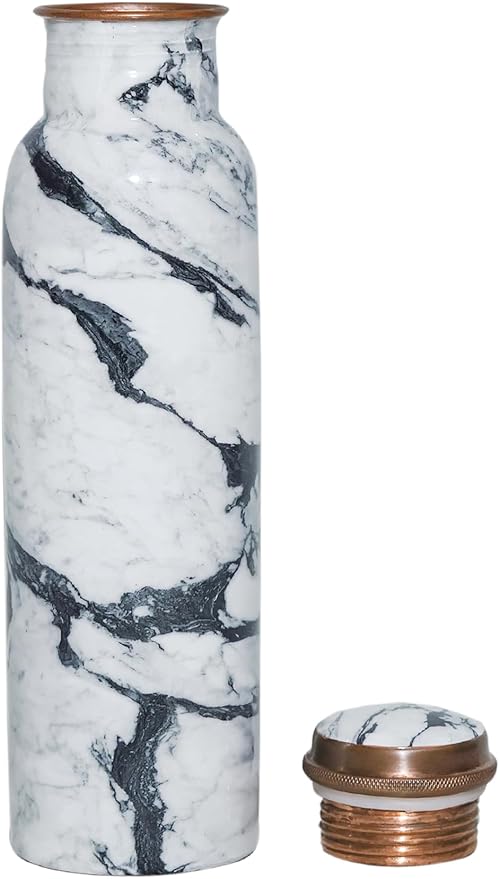 Copper Ayurveda Copper Water Bottle for Drinking – Travel Water Bottle for Gym, Yoga, Office, Hiking, Outdoor – with Lid (White Black Marble)