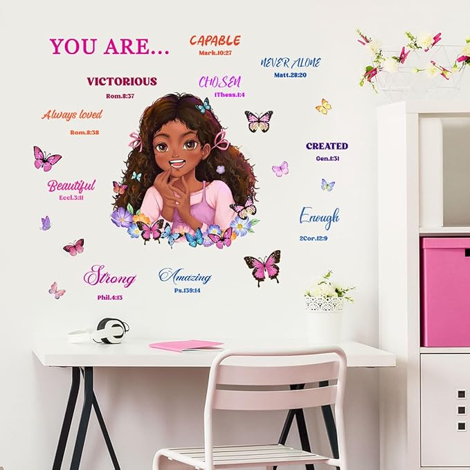 Lovely Little Girl Butterfly Wall Decals Inspirational Quotes Wall Decals Positive Words Motivational Lettering African American Wall Stickers for Baby Toddler Room Decorations Nursery Playroom