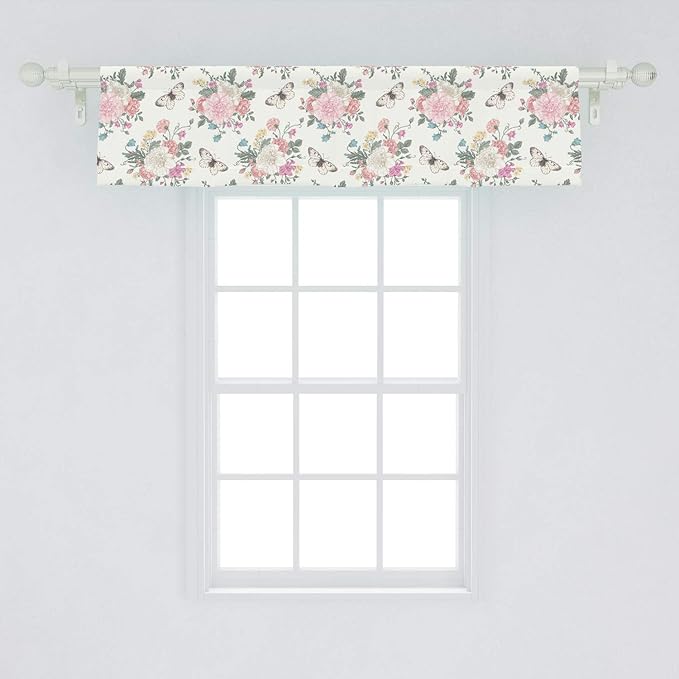 Ambesonne Shabby Flora Window Valance, Peonies Peas Roses Bouquet Butterflies Pastel Tones Bridal Theme, Curtain Valance for Kitchen Bedroom Decor with Rod Pocket, 54" X 12", Pink Green