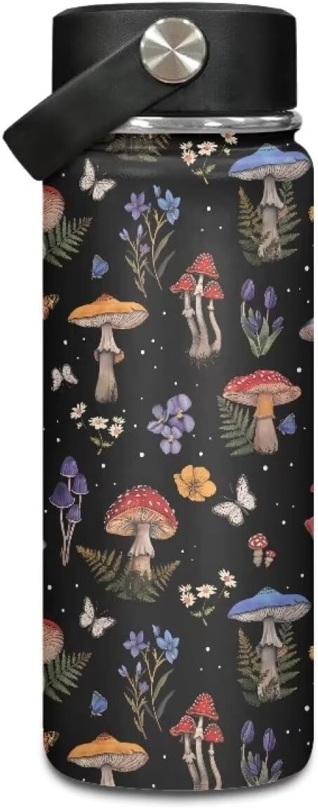 Mushroom Print Insulated Stainless Steel Water Bottle with Top Handle 18 Oz Vacuum Stainless Steel Sports Travel Water Bottle for Women Men