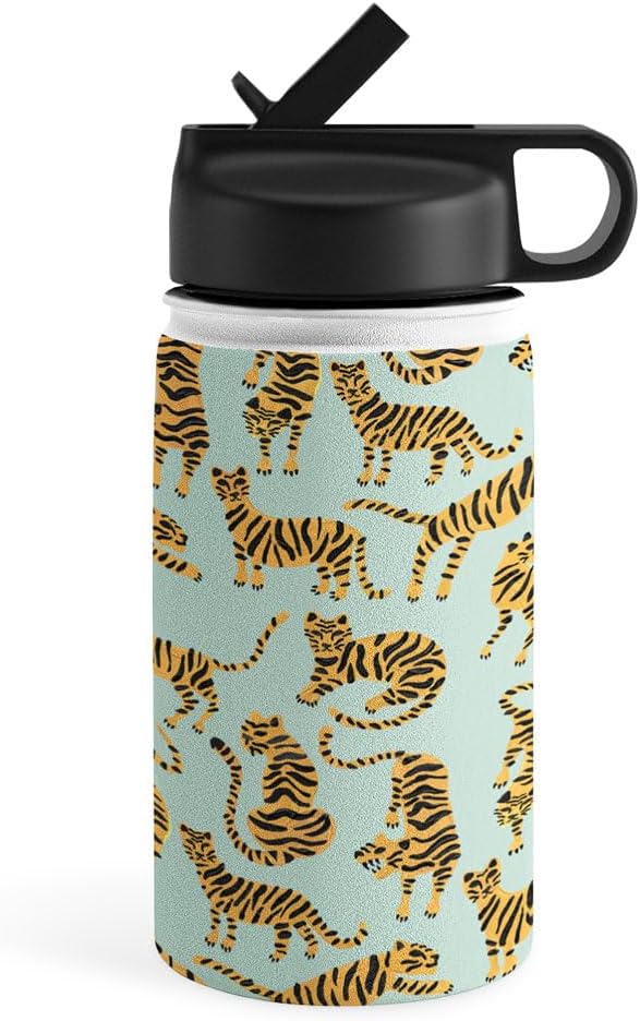 Deny Designs Water Bottle, Straw Lid 12 oz, Cat Coquillette Tiger Collection Mint Orange