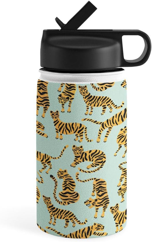 Deny Designs Water Bottle, Straw Lid 12 oz, Cat Coquillette Tiger Collection Mint Orange