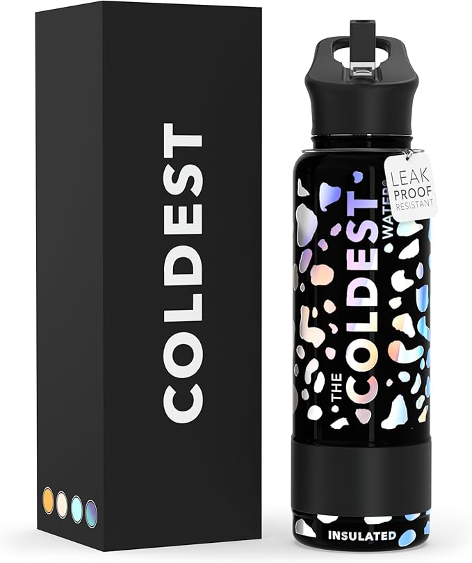 COLDEST Sports Water Bottle - 40 oz (Straw Lid), Leak Proof, Vacuum Insulated Stainless Steel, Hot Cold, Double Walled, Thermo Mug, Metal Canteen (40 oz, Moonlight Leopard Glitter)