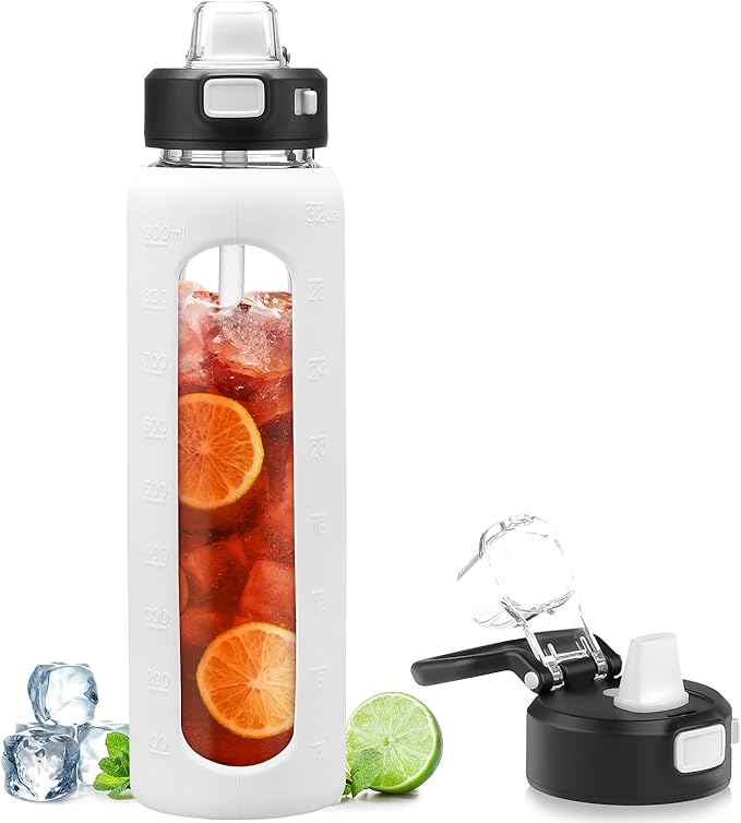 Kodrine Water Bottle with Soft Straw and Carry Loop, 32 oz Glass Water Bottle with Locking Lid, Clear Water Bottles Sports, Drinking Bottle for Travel Home Gym, Leakproof(White)