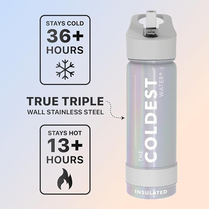Coldest Sports Water Bottle - Straw Lid Bottle with Handle Leak Proof, Vacuum Insulated Stainless Steel, Double Walled, Thermo Mug, Metal | Silver 18 oz