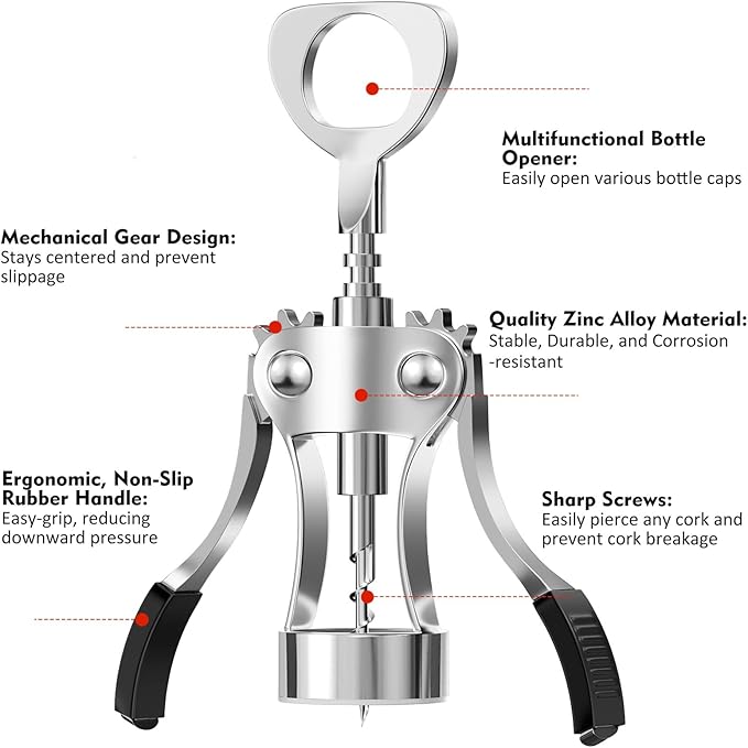 KORCCI Wine Opener, Wine Bottle Opener, Zinc Alloy Wing Corkscrew Heavy Duty, Cork Screw Beer Opener for Bartenders, Multifunctional Bottle Opener for Kitchen, Restaurant, Bar, Waiters (1, Sliver)