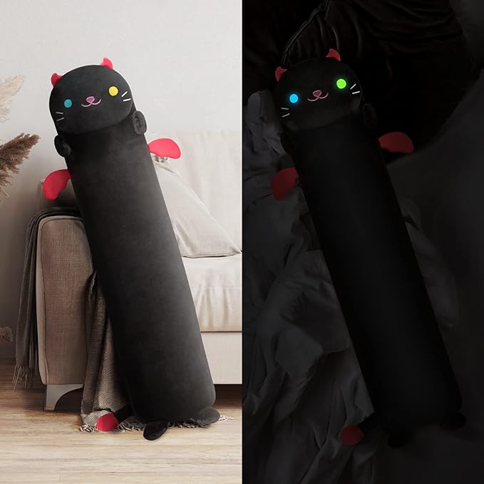 Long Cat Plush Body Pillow, 44” Luminous Light Up Black Cat Stuffed Animals Kawaii Night Light Plushies Pillow Glow in The Dark Gift for Girls Boys