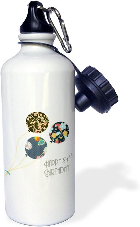3dRose "Happy 81st Birthday-Modern stylish floral Balloons. Elegant black brown blue 81 year old Bday" Sports Water Bottle, 21 oz, White