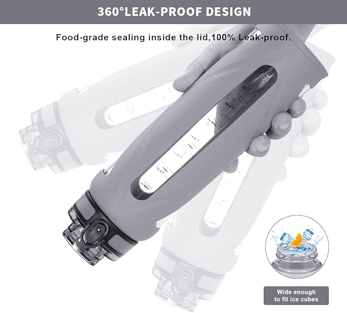 Glass Water Bottles with Straw and Flip Lid, Motivational Water Bottles with Time Marker Reminder and Silicone Sleeve, Leakproof, BPA Free (32 oz, Grey)