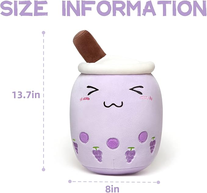 Niuniu Daddy Boba Plushies 13.7inch Purple Bubble Tea Stuffed Animals for Kids Kawaii Grape Fruit Cuddle Pillow for Toddler Huggling Pillow for Boys Gilrs