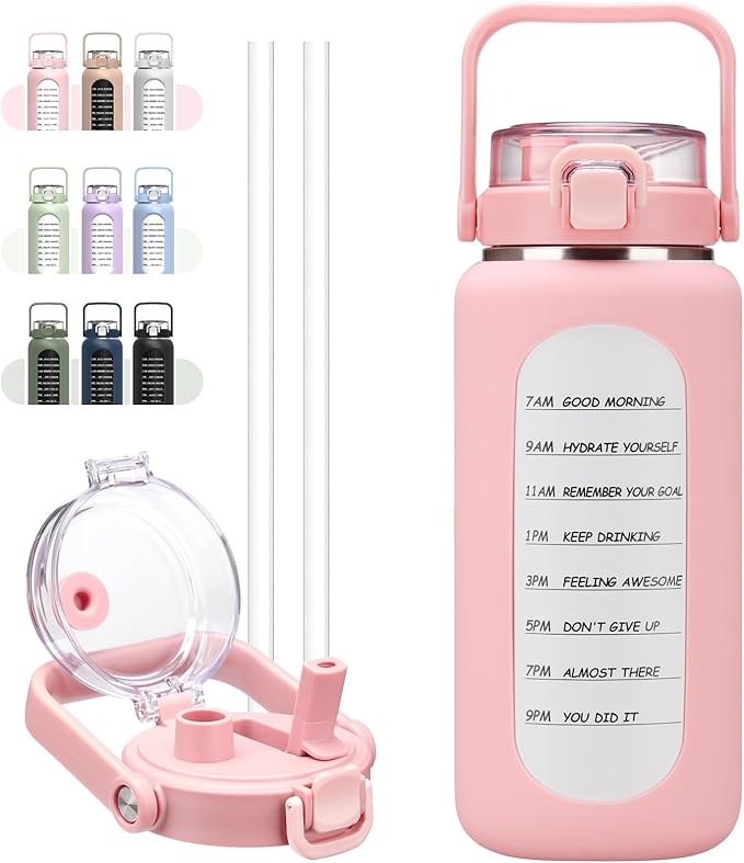 BLUEGO 64oz Insulated Water Bottle with Straw and Handle Leakproof Half Gallon Wide Mouth Motivational Water Bottle, 2-IN-1 Straw Spout Lid Stainless Steel Water Jug for Sport Travel Gym-Pink