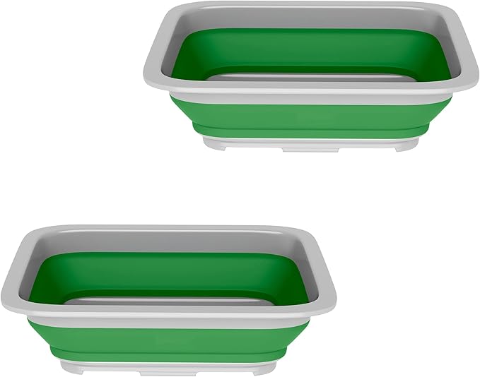 Set of 2 Multipurpose Wash Bins – 10-Liter Basins for Camping, Parties, or Cleaning – Collapsible Bucket Set by Wakeman (Green)
