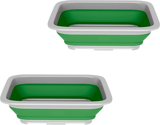 Set of 2 Multipurpose Wash Bins – 10-Liter Basins for Camping, Parties, or Cleaning – Collapsible Bucket Set by Wakeman (Green)