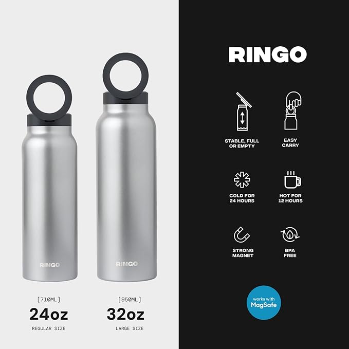Ringo Insulated Water Bottle- Compatible MagSafe Water Bottle Phone Holder-Stainless Steel School Water Bottle Magnetic Phone Mount for Kids & Adult - Hot 12H Cold 24H 360° Rotate-Stainless Steel 32oz