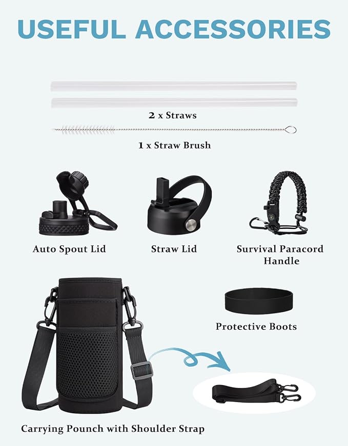 32oz Water Bottle with Straw - Spout Lid, Sweat-Proof Insulated Water Bottles 32 OZ, Wide Mouth Vacuum Insulated Water Bottle with Strap Carrier, Protective Boot & Paracord Handle Reusable Metal Flask