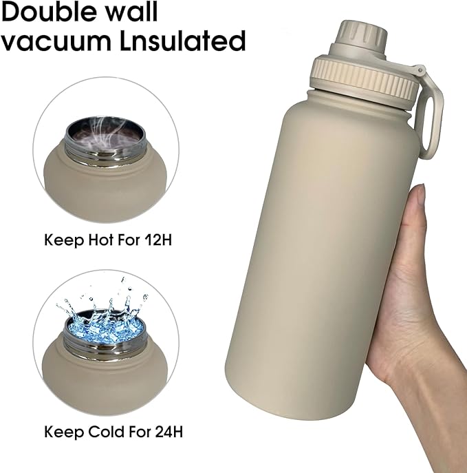32oz Insulated Water Bottle ，Stainless Steel Sports Water Cup Flask with 2 Lids, Wide Mouth Travel Thermal Mug,Outdoor Sports Bottle（Cream apricot）
