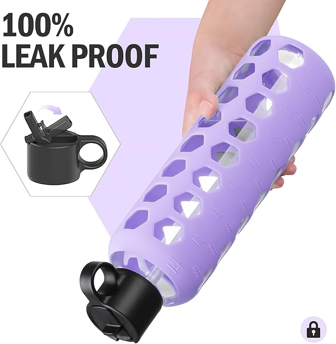 MUKOKO Glass Water Bottles, 32oz Glass Tumbler, Drinking Bottles with 2 Lids-Handle Flip Straw Lid&Bamboo Lid, Motivational Water Bottle with Time Marker and Silicone Sleeve, Leakproof-1 Pack-Purple