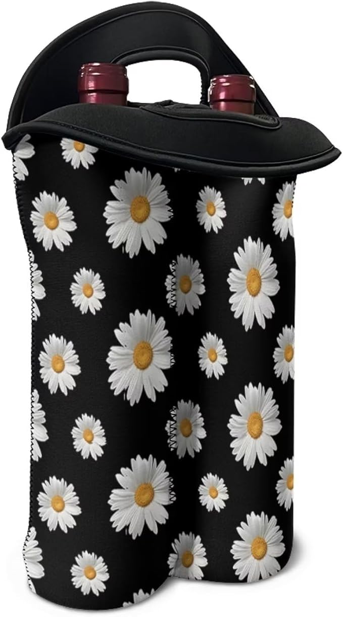 doginthehole 2 Bottle Wine Carrier Daisy Champagne Carrier Bag Neoprene Wine Tote Bags Reusable Wine Bottle Protector Insulated Wine Bag Wine Cooler Bag Wine Accessories Gift for Women Wine Lover