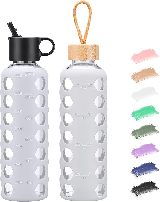 MUKOKO Glass Water Bottles, 24oz Glass Tumbler, Drinking Bottles with 2 Lids-Handle Flip Straw Lid&Bamboo Lid, Motivational Water Bottle with Time Marker and Silicone Sleeve, Leakproof-1 Pack-White