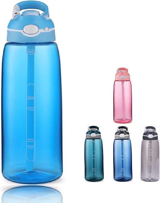 Sports Water Bottle 35 OZ, Gym Leak Proof Wide Mouth Straw Water Bottles Sky Blue BPA-Free Plastic Water Bottle Tasteless Portable Easy Clean Water Bottles For Adults Man Woman