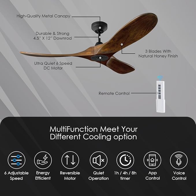 3MAVSM60MBK Smart Maverick Ceiling Fan with Remote Control, Indoor or Outdoor, Compatible with Alexa & Google Voice (Midnight Black with Dark Walnut Blades, 60-inch)
