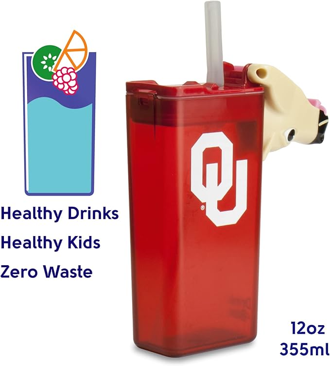 Reusable Water Bottle | Officially Licensed NCAA Sports Bottle | BPA Free | Dishwasher Safe | Boomer & Sooner Mascot | 12 oz Drink in the Box - The University of Oklahoma